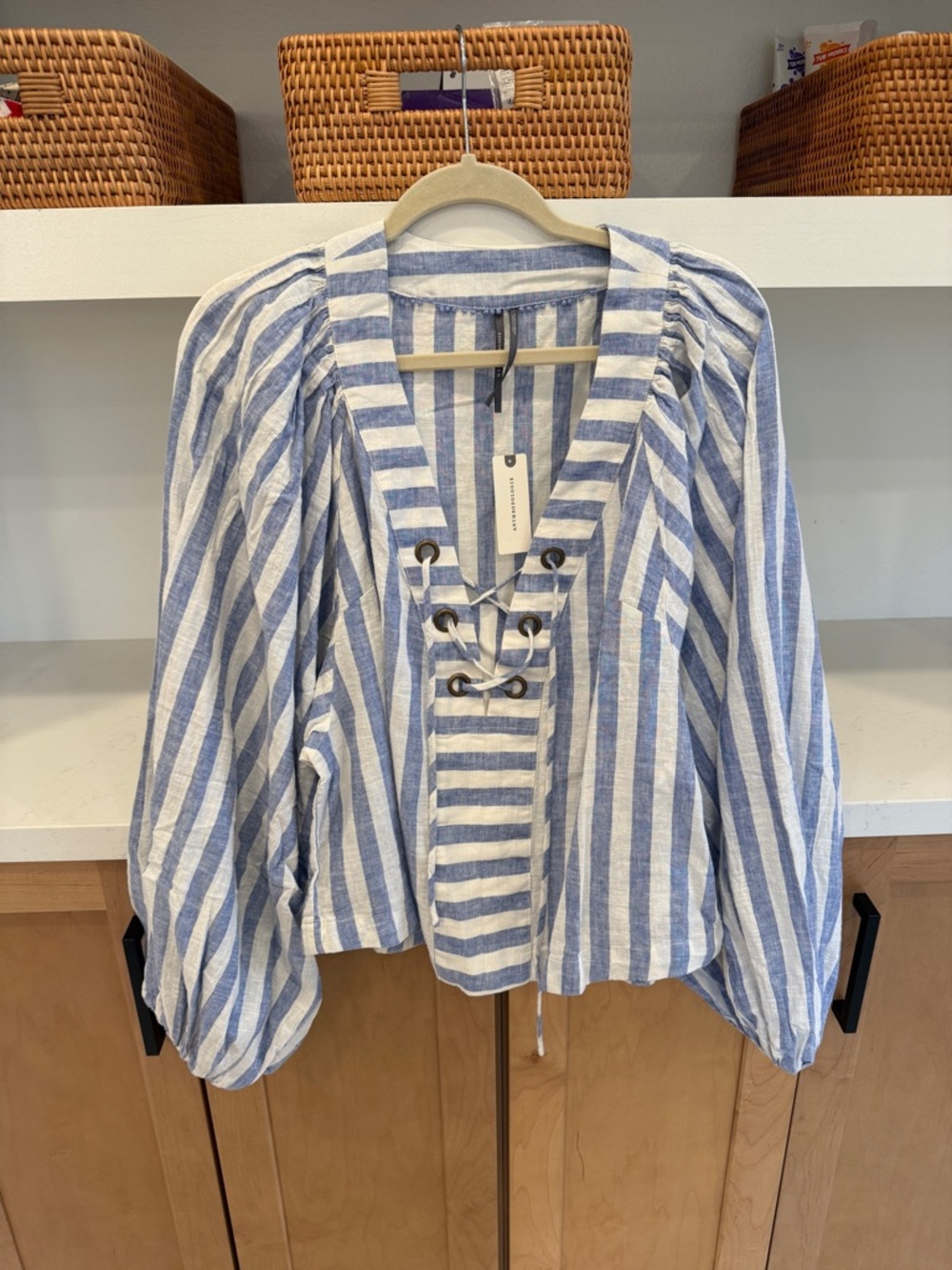 Anthropologie Blue and White Striped Button-Front Linen Top